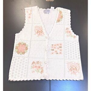 Jantzen Classics Sweater Vest Women L White Embroidered Floral Knit Vtg Good